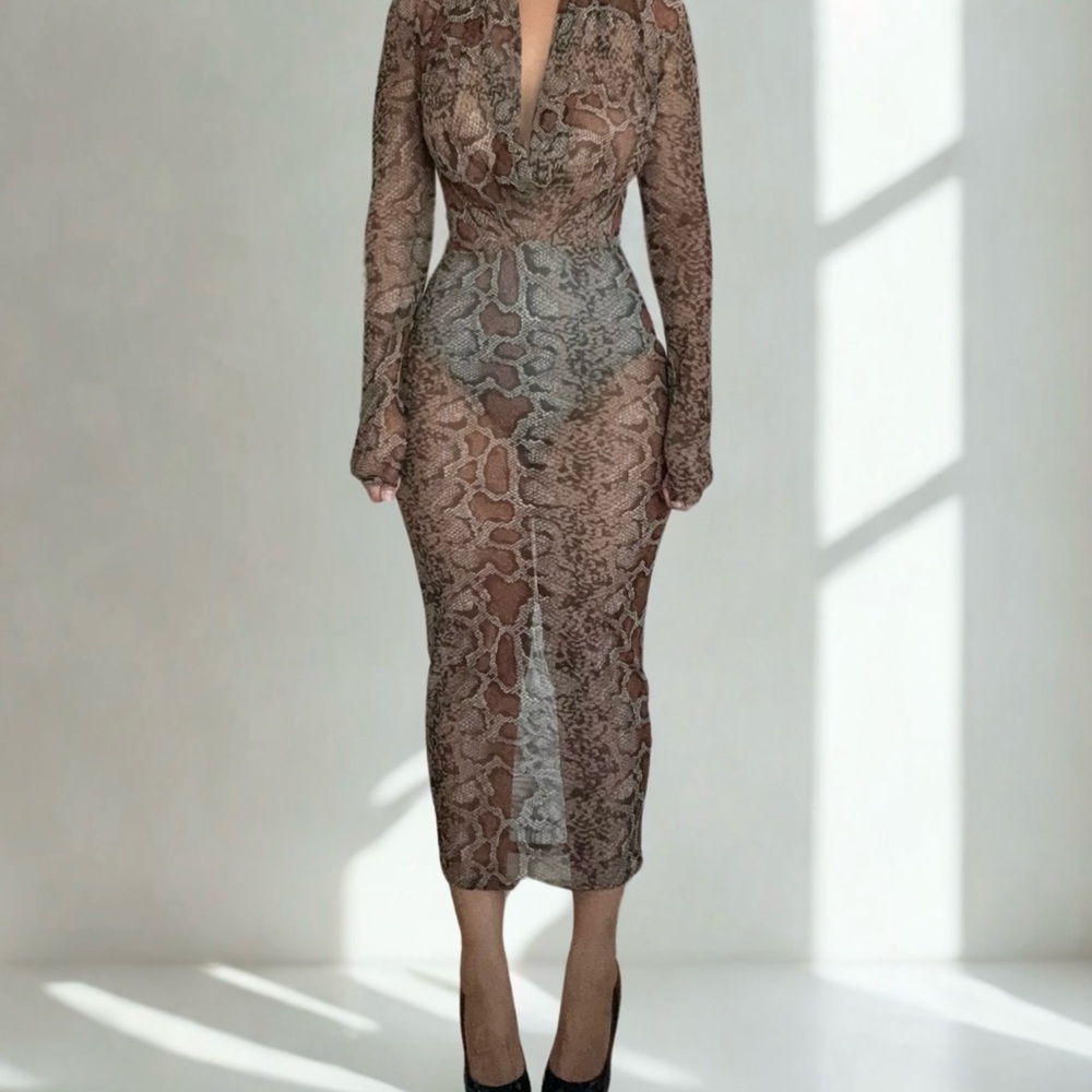 Brown Plunge Neck Long Sleeve Bodycon Dress